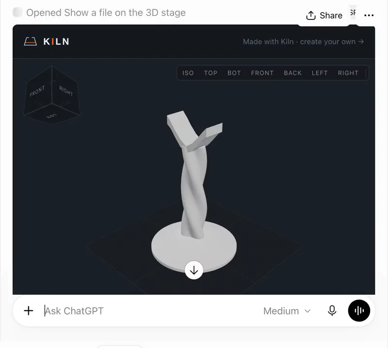 A headphone stand with a twisted column, a round base and a V-shaped hanger, in Kiln's 3D model panel inside a ChatGPT chat