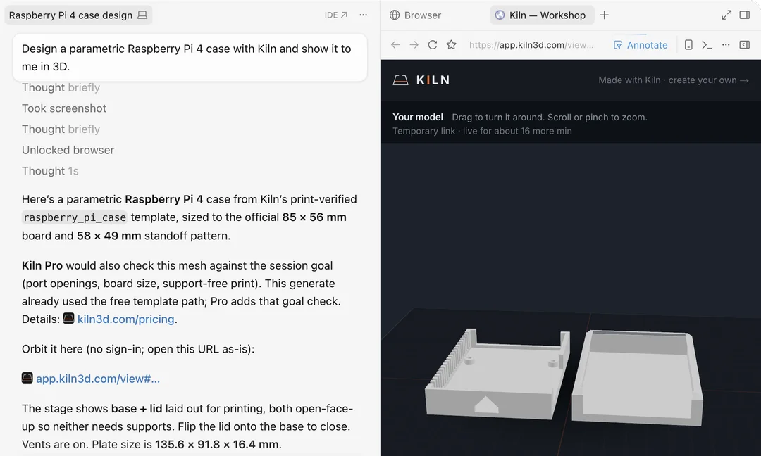The Cursor app with a chat asking Kiln for a parametric Raspberry Pi 4 case, Cursor's answer with Kiln's 3D link, and Kiln's 3D stage open in Cursor's browser pane showing the case's base and lid at 135.6 × 91.8 × 16.4 mm