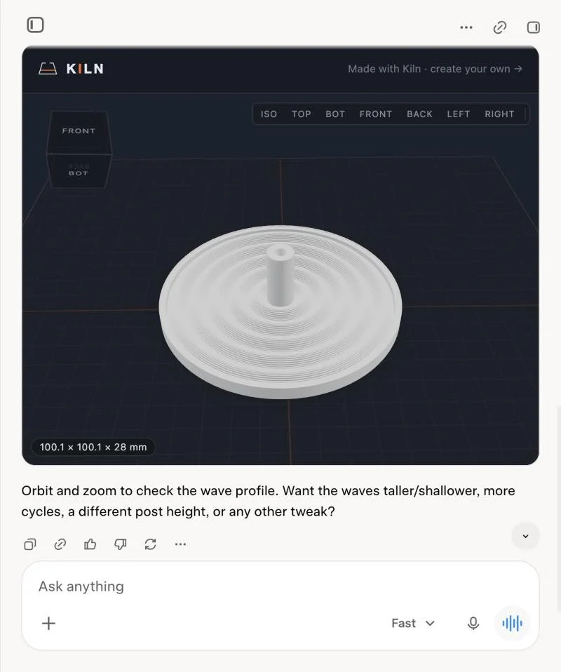 A round incense holder with water-ripple rings and a centre post, open in Kiln's 3D model panel inside a Grok chat, with its size badge reading 100.1 × 100.1 × 28 mm