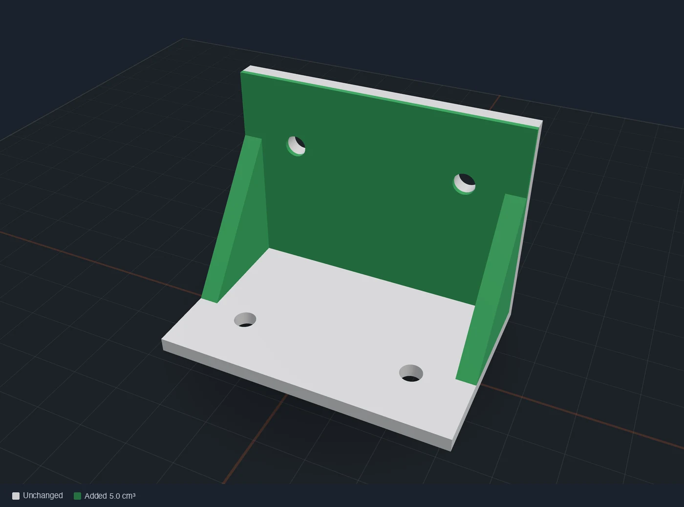 Kiln's overlay of two versions of a shelf bracket: the thicker back plate and two new gussets in green, the unchanged shelf plate in grey