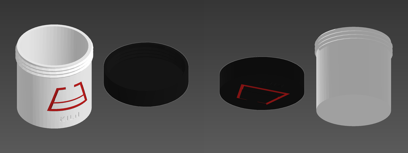 Four views in a row: a white threaded jar with the Kiln mark in red on its wall, its black lid seen from above, the same lid from underneath with the mark in red, and the jar turned to show its plain back
