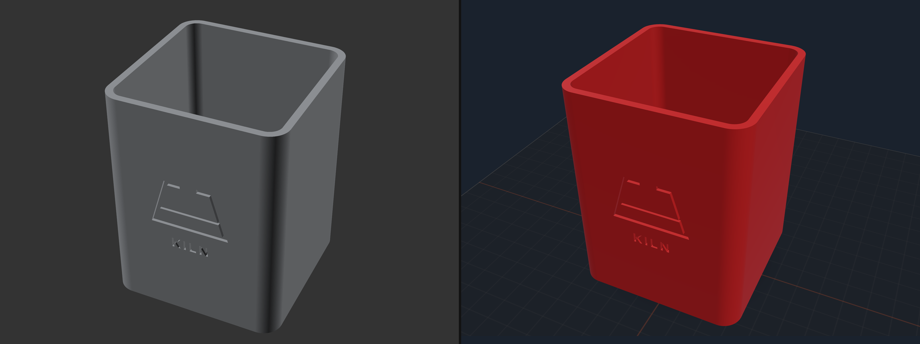 The same pen cup rendered twice: flat grey on the left; in red filament with studio lighting on a print bed on the right