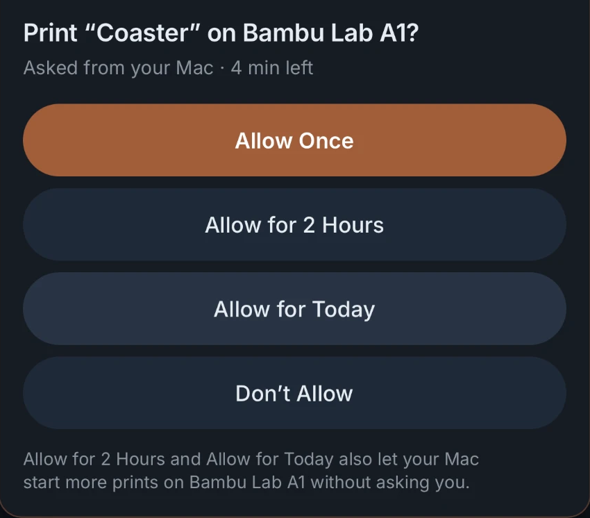 The approval card the alert opens, with the four answers: Allow Once, Allow for 2 Hours, Allow for Today, Don't Allow