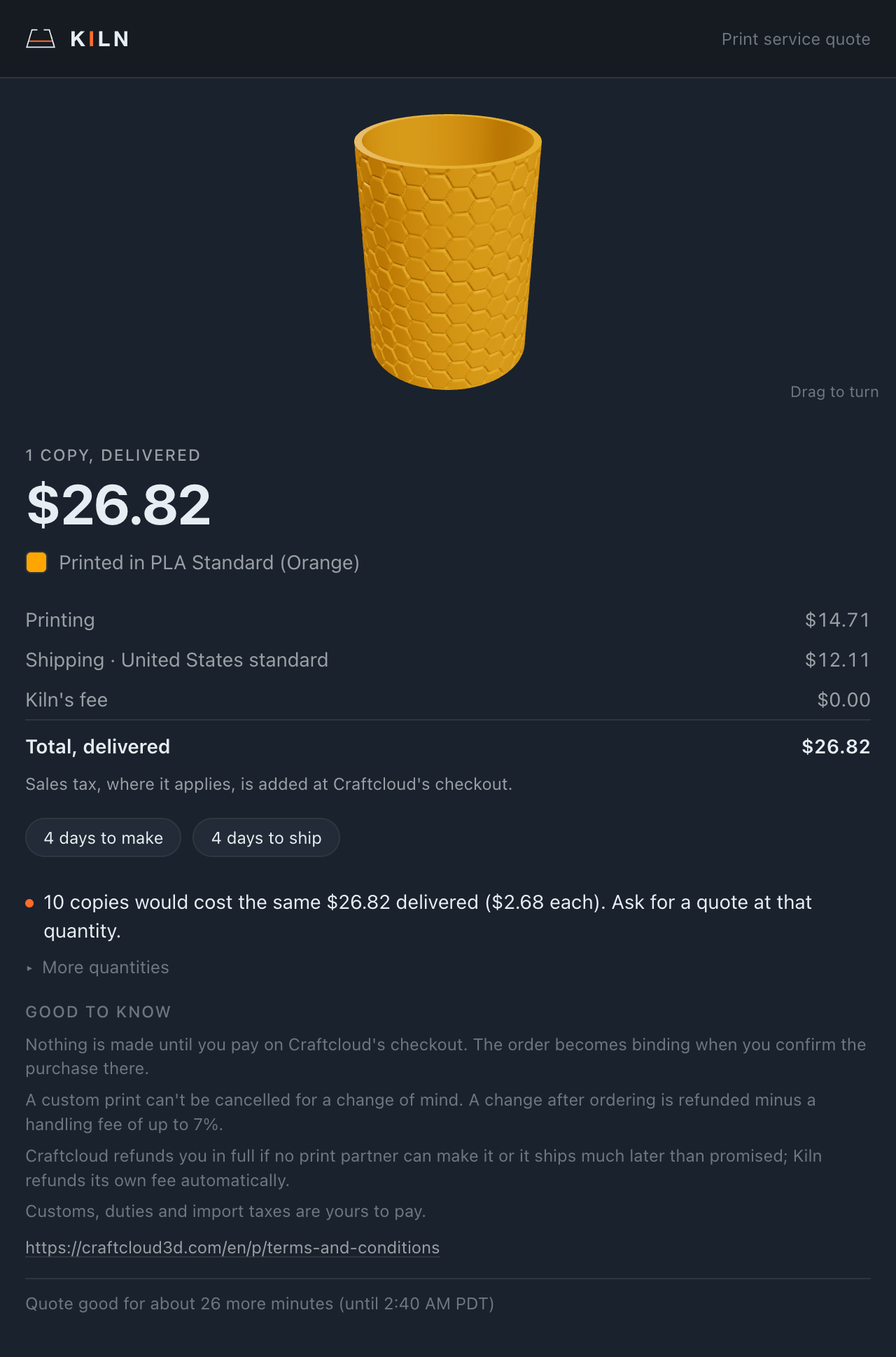 Kiln's in-chat quote card: an orange honeycomb pen cup above the price, with printing, shipping and Kiln's fee listed separately