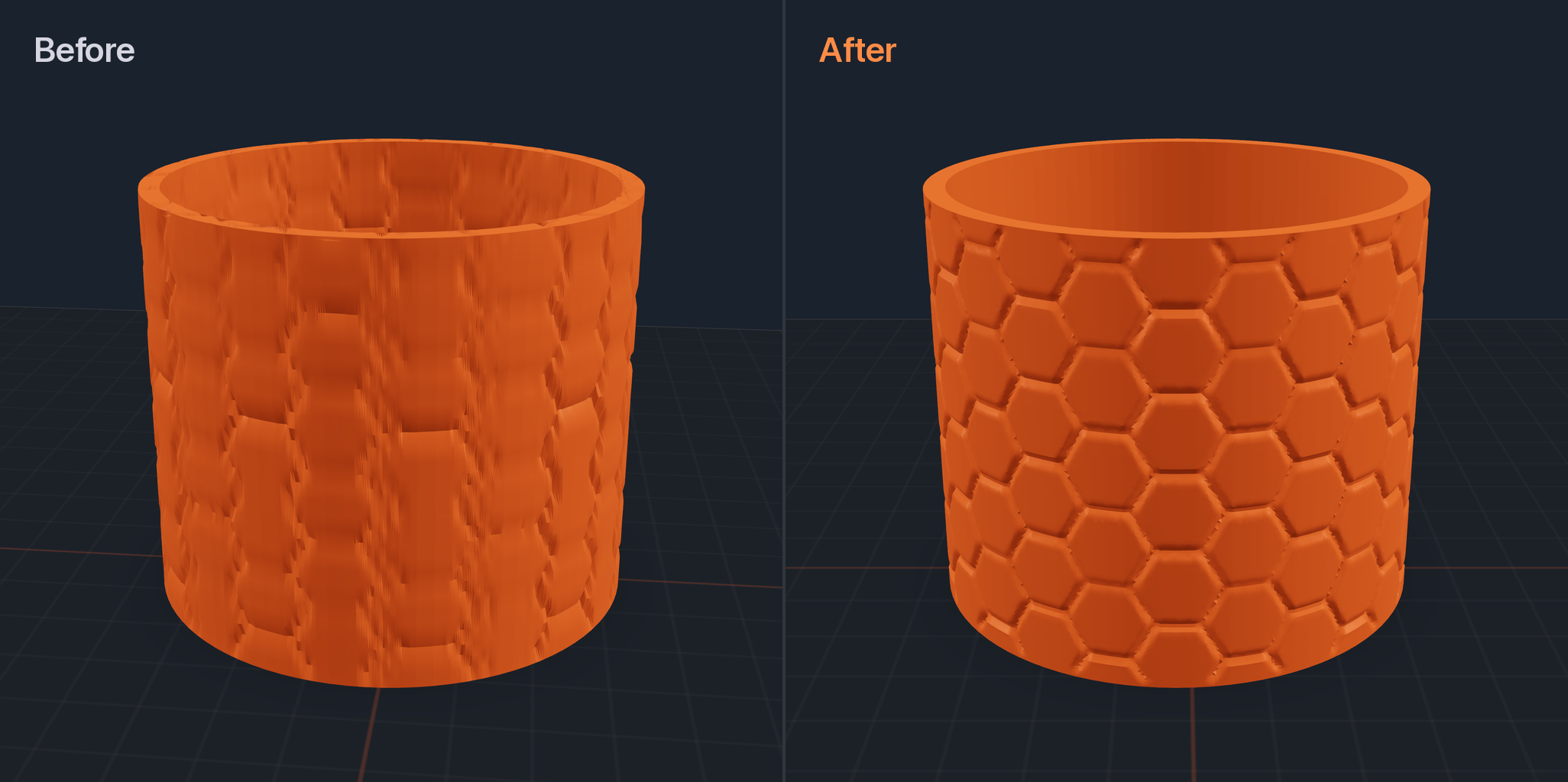 Two orange cups side by side with the same honeycomb texture: smeared columns before 1.5.0, crisp cells after
